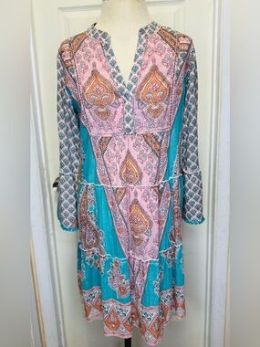 Lola Australia Tiered Boho Cotton Paisley Mini Dress Pink Teal Size XS #608